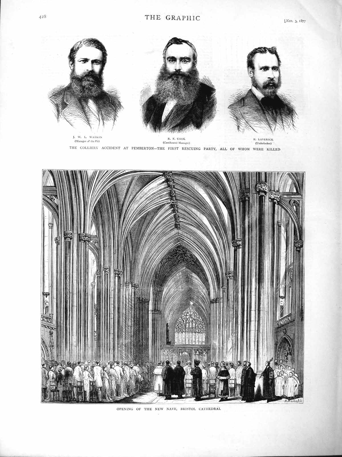 Old Antique Print 1877 Bristol Cathedral Pemberton Mining Watkin Cook Men 19th