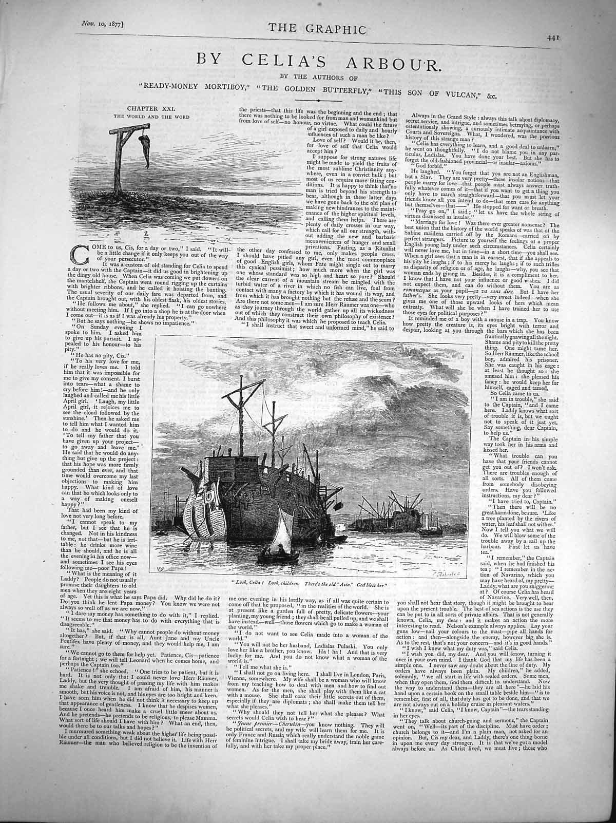Original Old Antique Print 1877 Illustration Story Celia'S Arbour Ship Wrecks