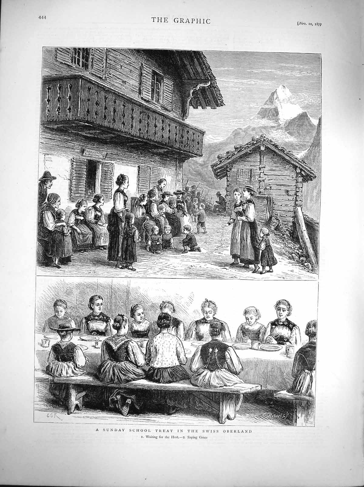 Original Old Antique Print 1877 Sunday School Treat Swiss Oberland Children