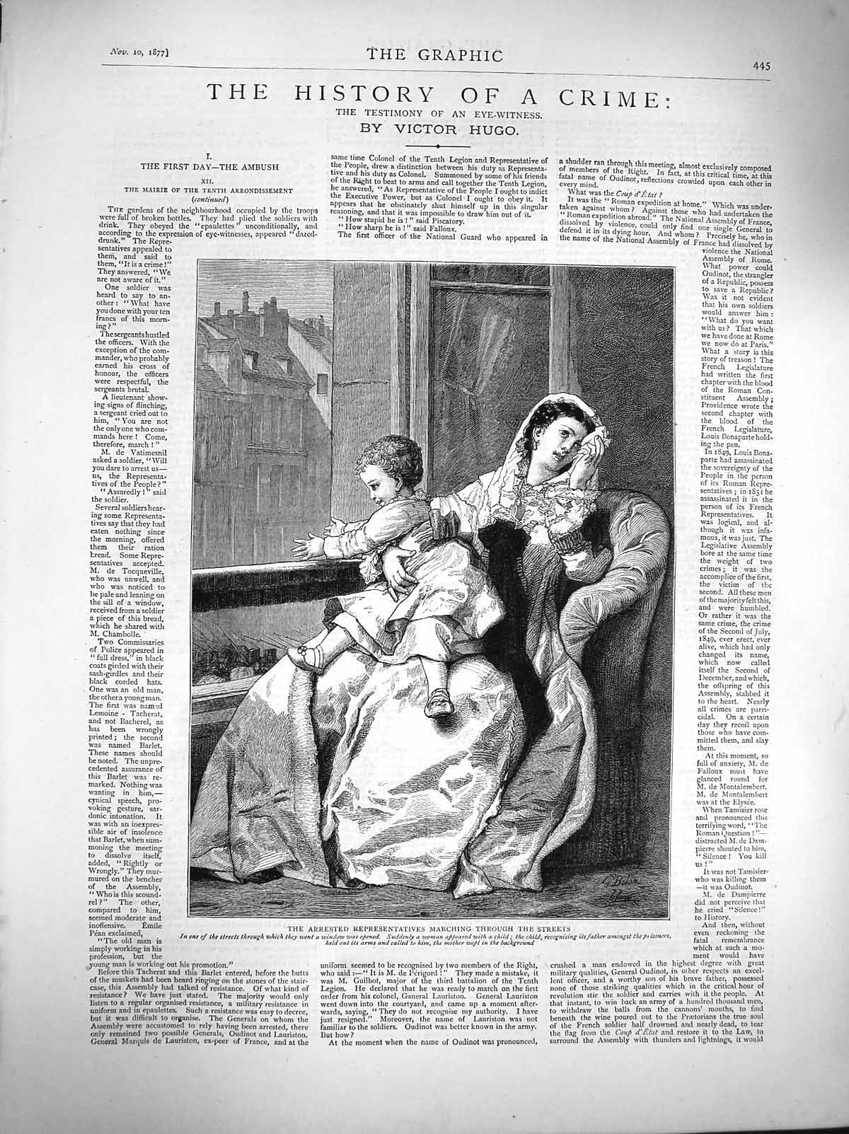 Original Old Antique Print 1877 Woman Child Window House Victor Hugo Story 19th