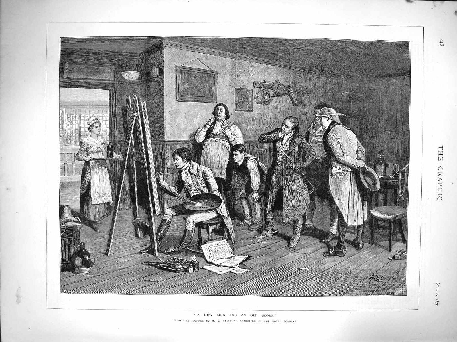 Original Old Antique Print 1877 Man Artist Painting Men Servant Lady Fine Art