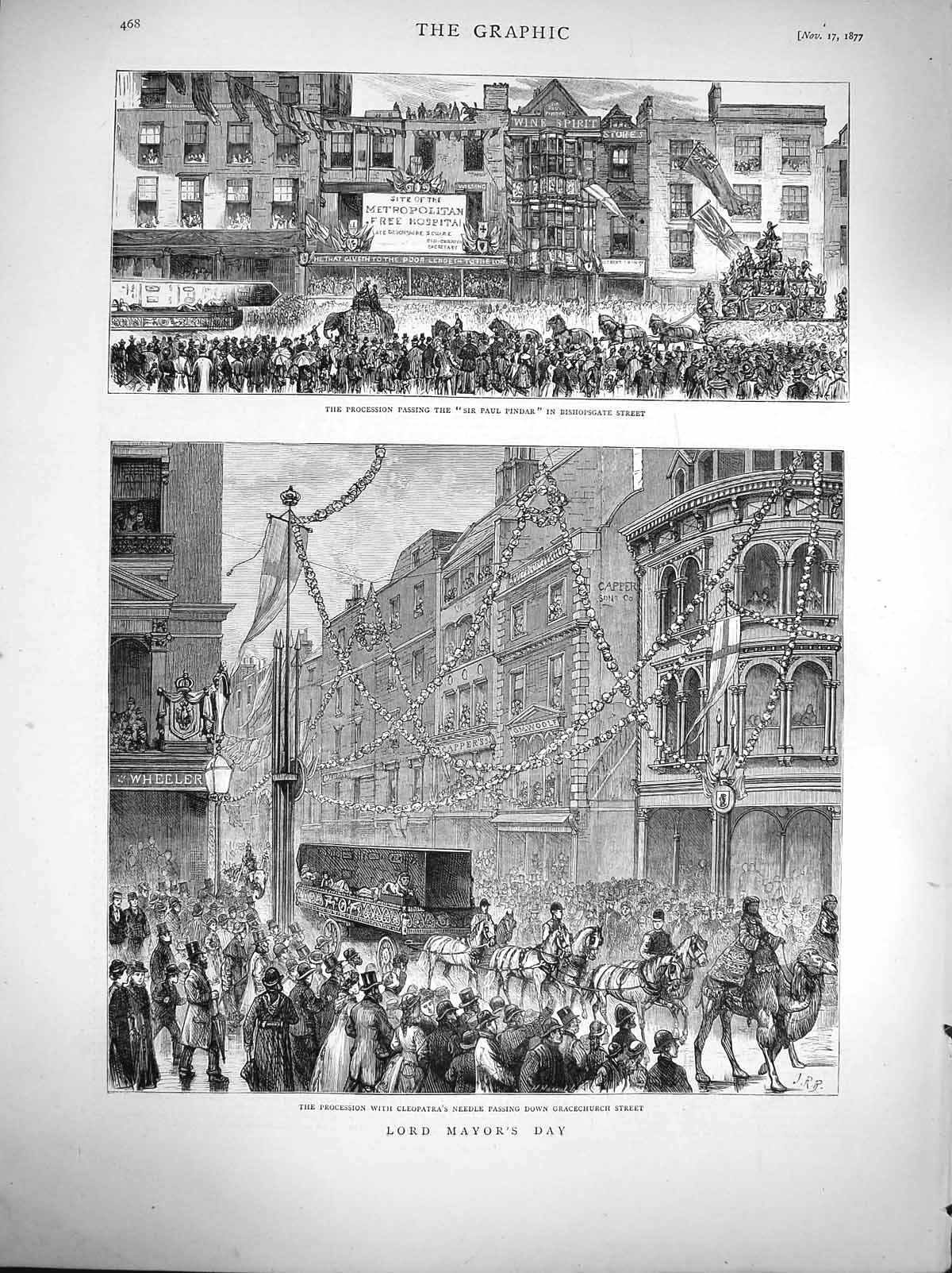Original Old Antique Print 1877 Lord Mayor London Paul Pindar Cleopatra Needle