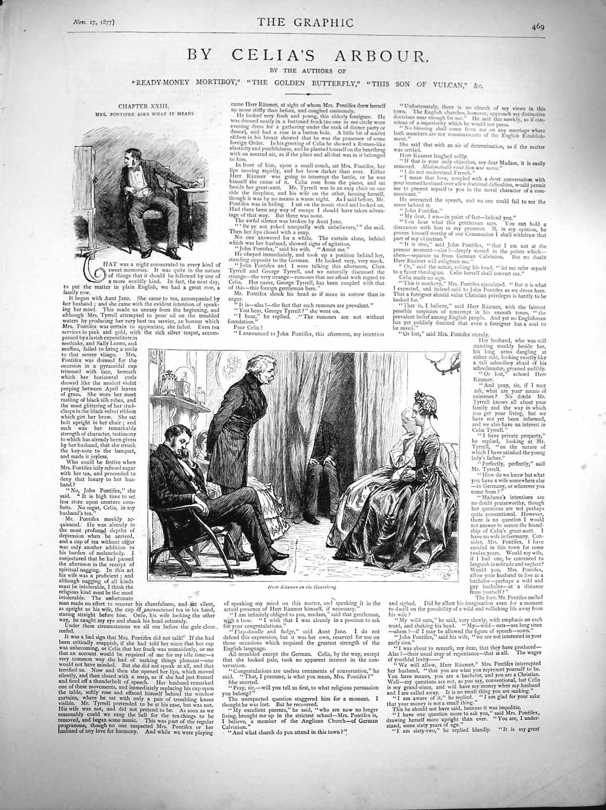 Original Old Antique Print 1877 Illustration Story Herr Raumer Hearthrug Men