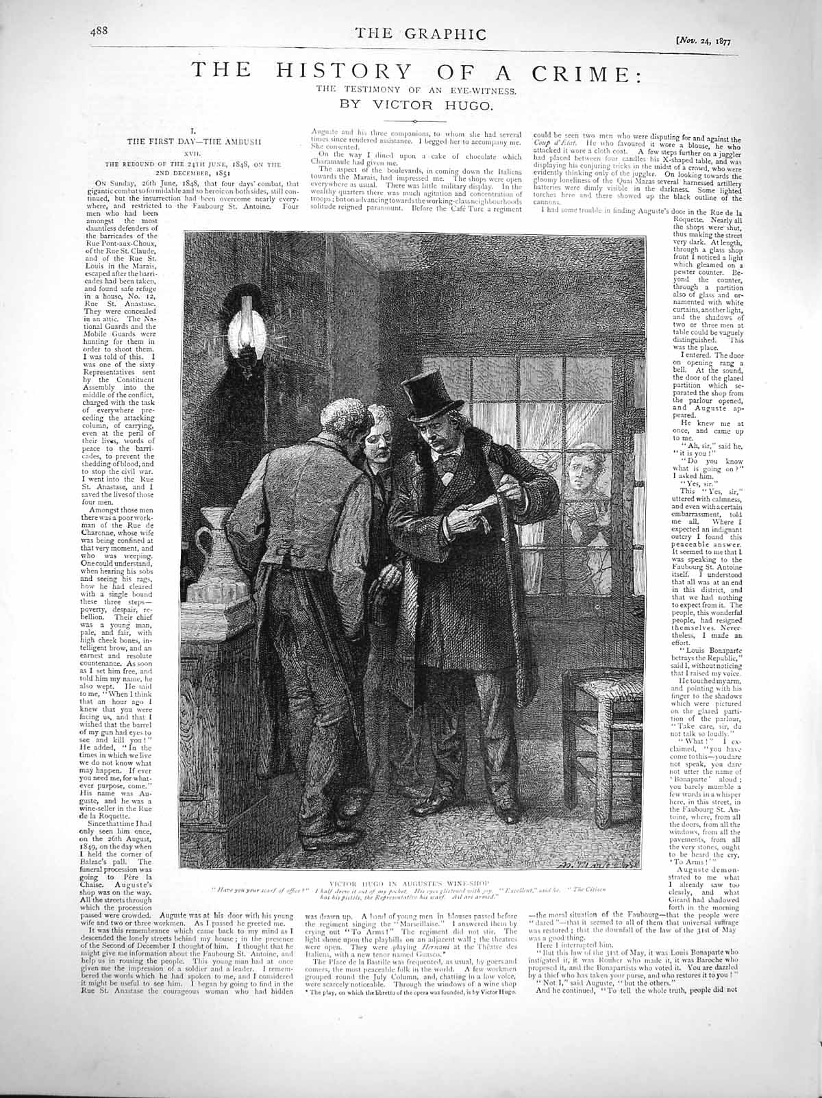 Old Antique Print 1877 Scene Victor Hugo Auguste'S Wine Shop Men Fine Art 19th
