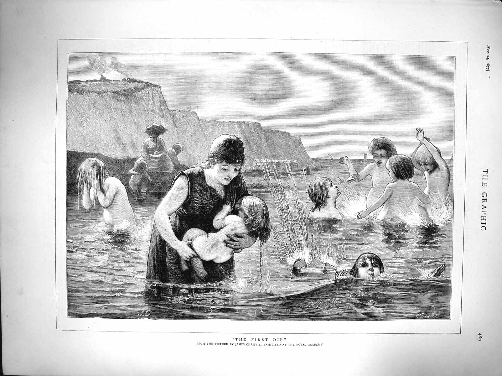 Original Old Antique Print 1877 James Christie Art Children Bathing Sea Mother