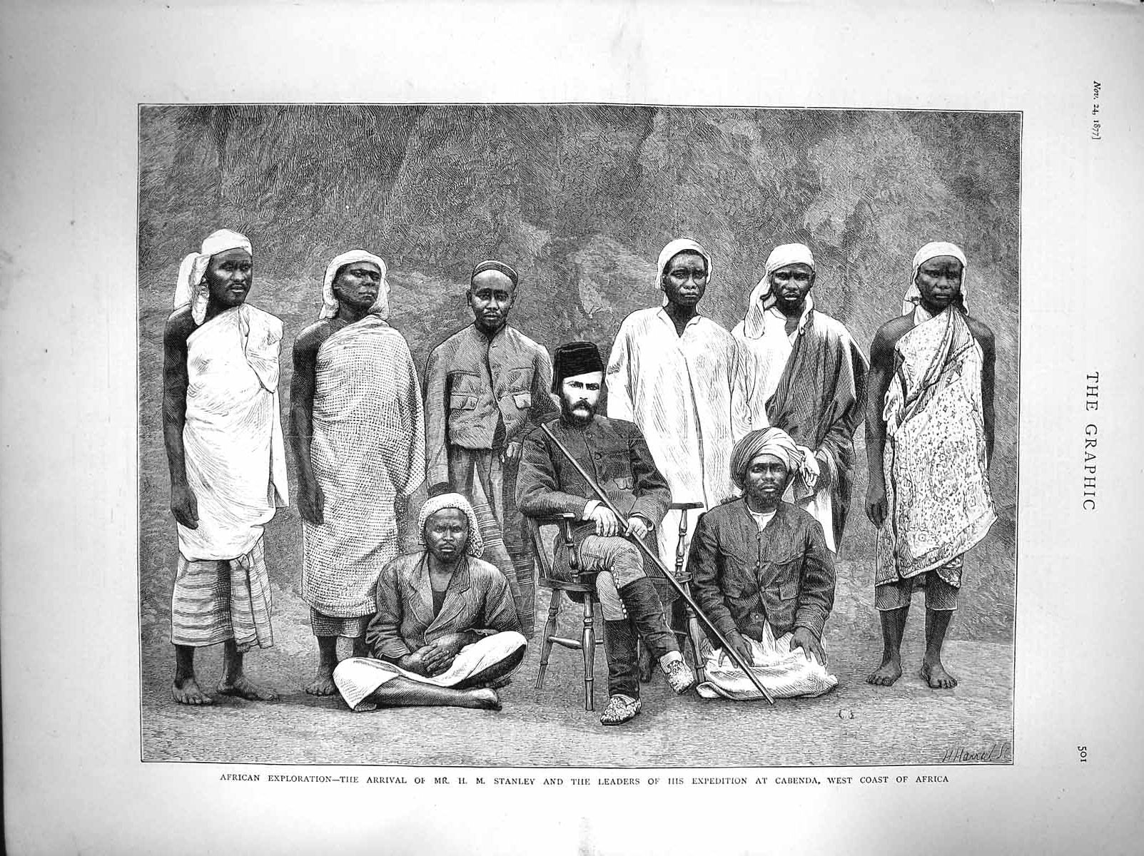 Original Old Antique Print 1877 Africa Exploration Stanley Men Leaders Cabenda