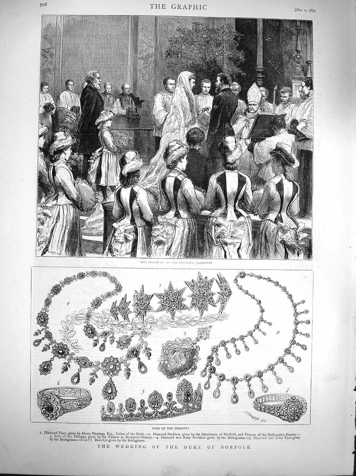Original Old Antique Print 1877 Wedding Duke Norfolk Ceremony Oratory Brompton