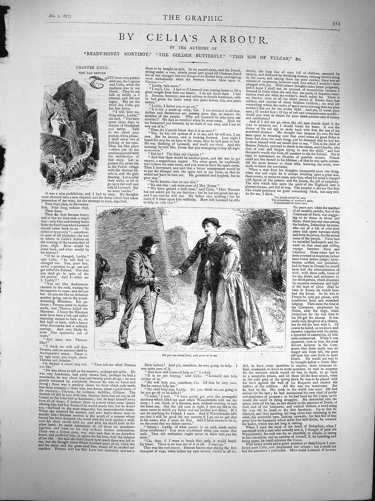 Old Antique Print 1877 Illustration Story Celia'S Arbour Man Lady Country 19th