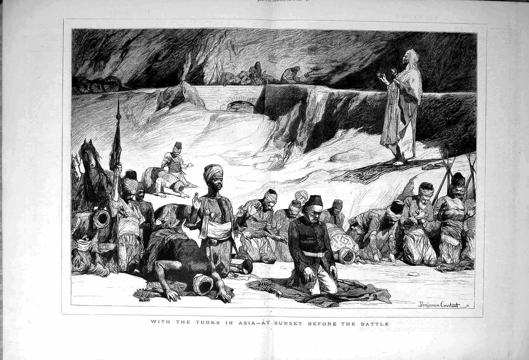 Original Old Antique Print 1877 Turks Siers Asia War Praying Army Men 19th
