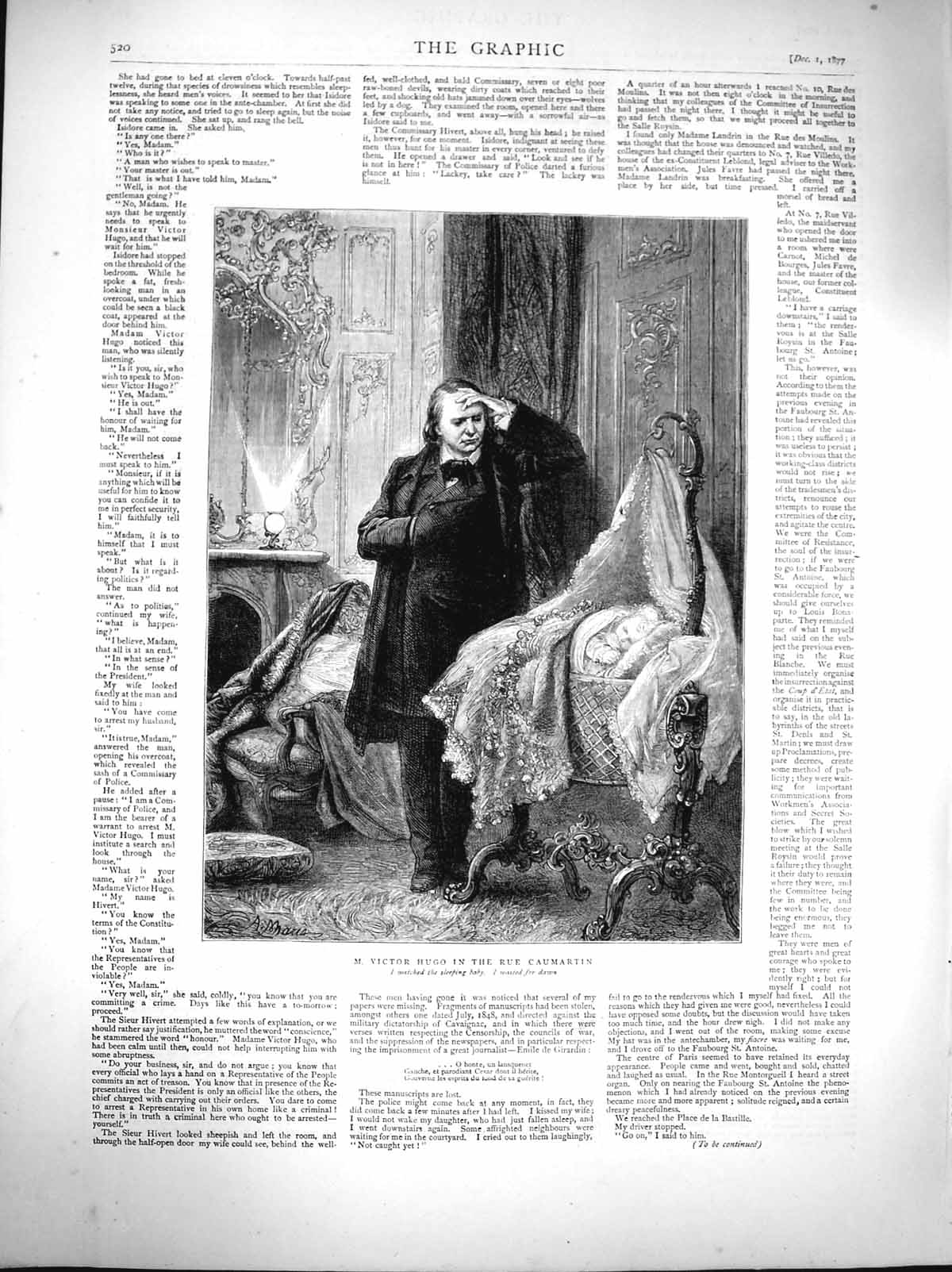 Old Antique Print 1877 Scene Victor Hugo Rue Caumartin Baby Crib Sleeping 19th