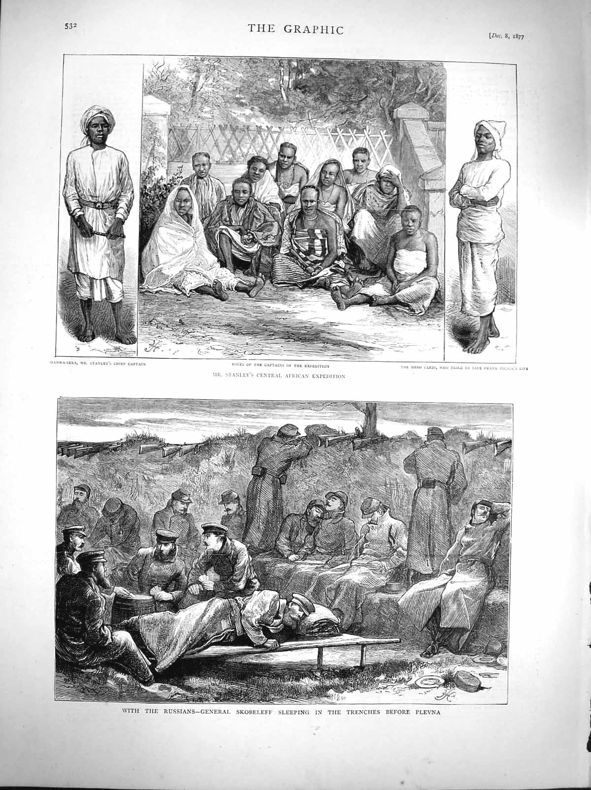Old Antique Print 1877 Stanley Africa Manwa-Sera Uledi Russian Plevna War 19th