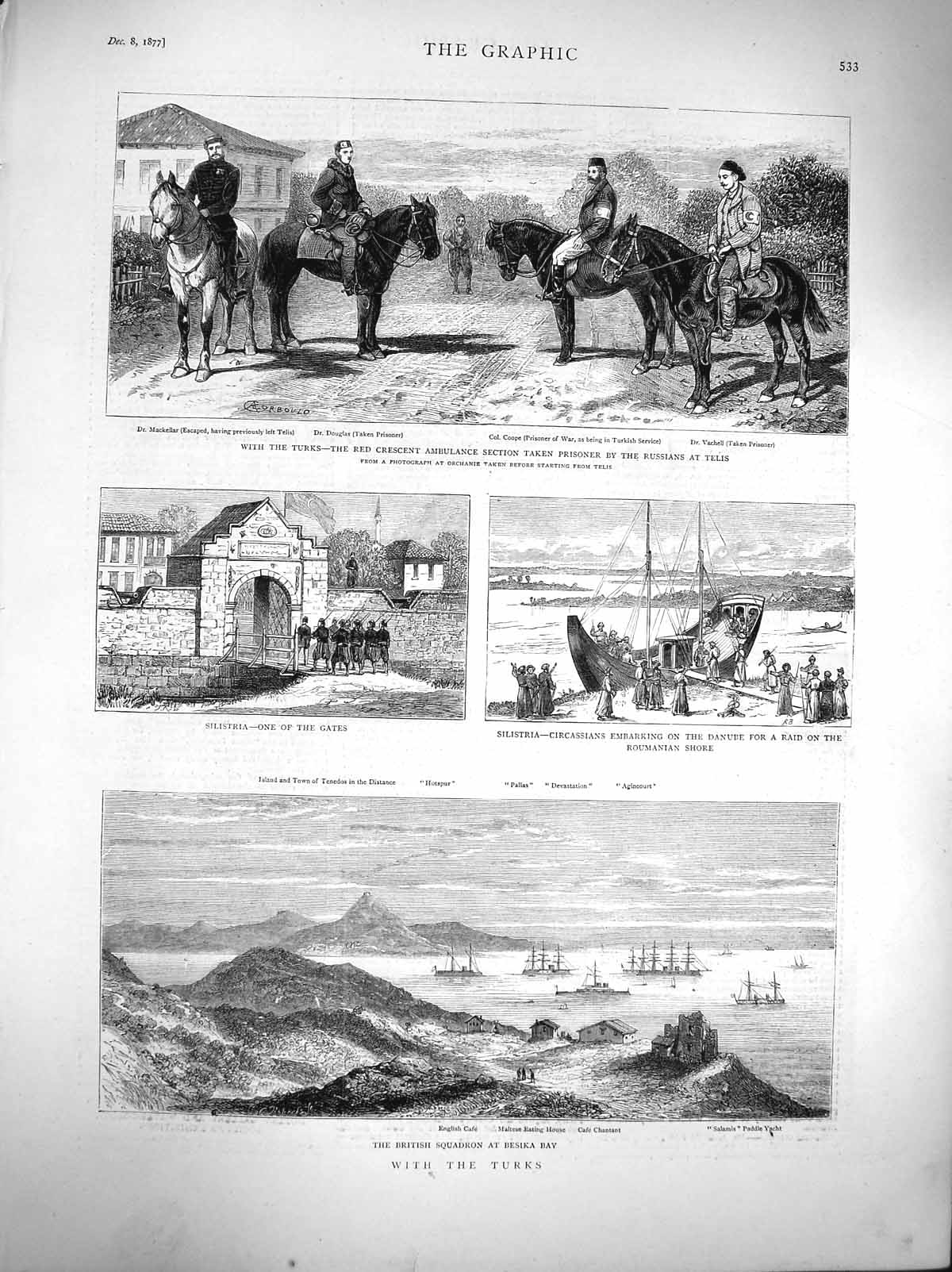 Old Antique Print 1877 Turks British Ships Besika Bay War Silistria Telis 19th