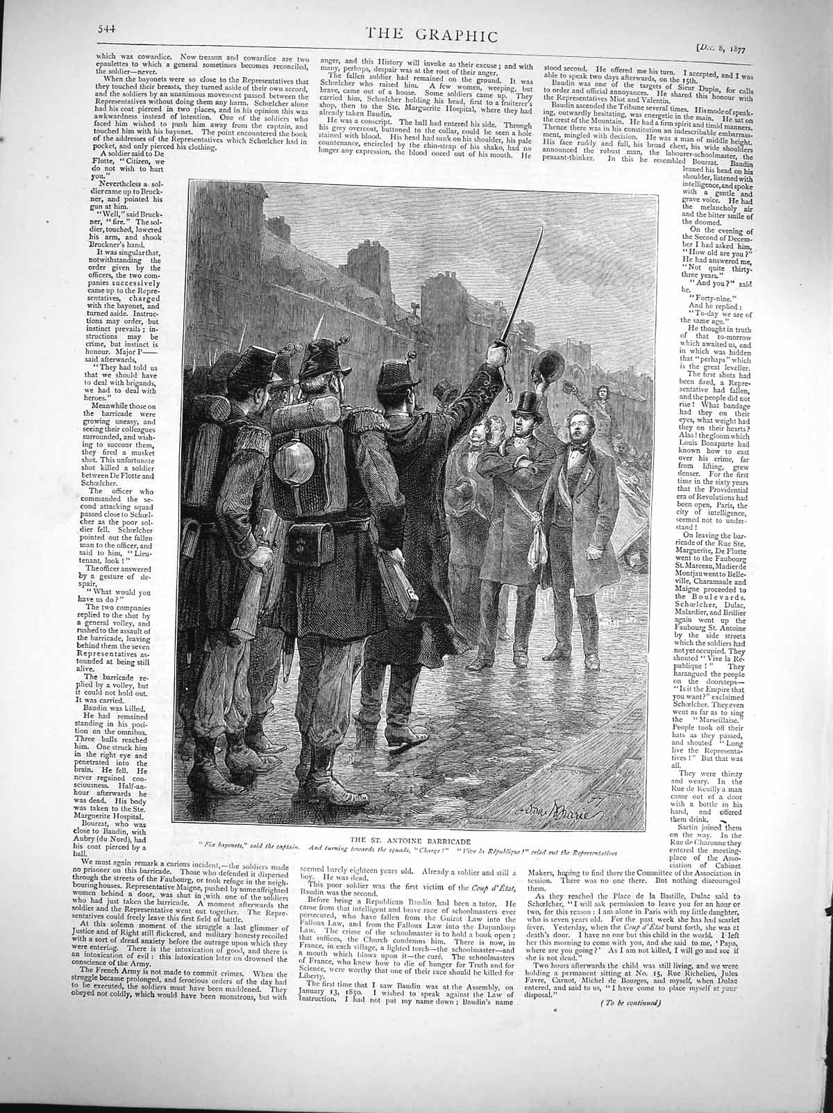 Original Old Antique Print 1877 Scene St. Antoine Barricade Siers War Victorian