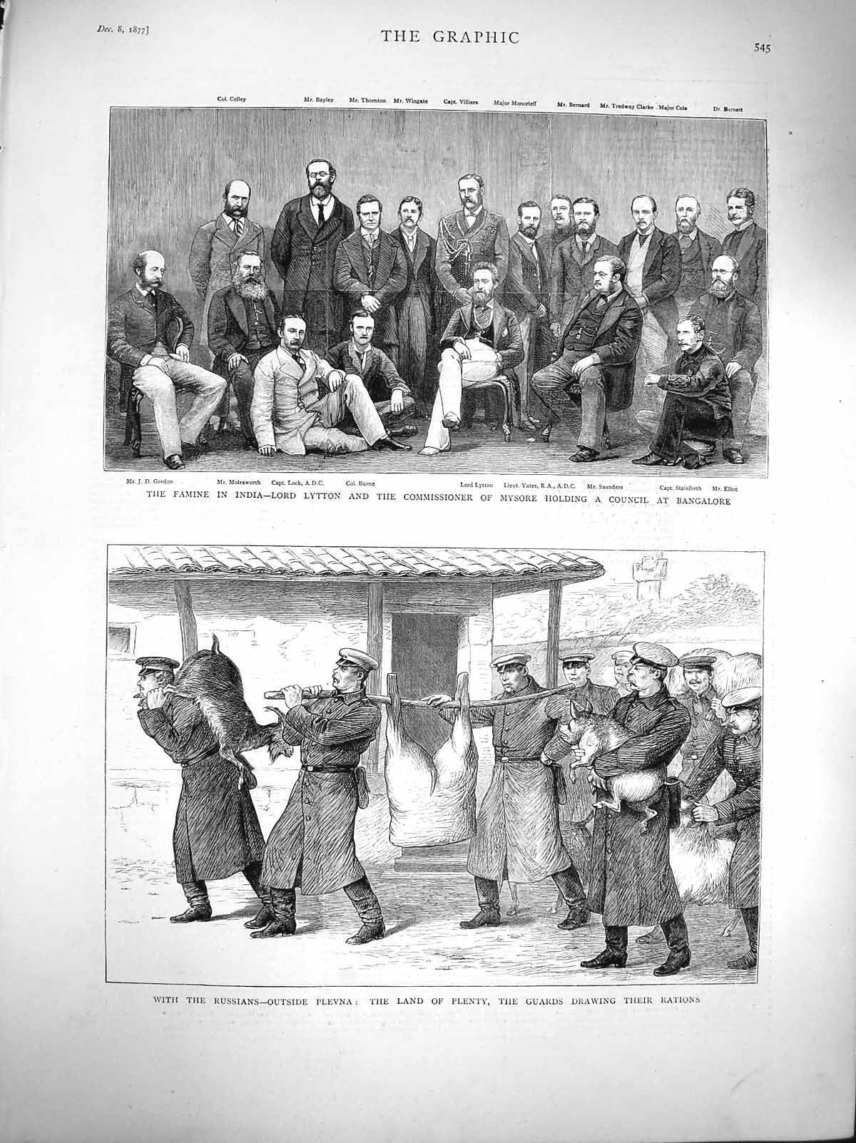 Old Antique Print 1877 Famine India Lord Lytton Bangalore Russians Plevna 19th