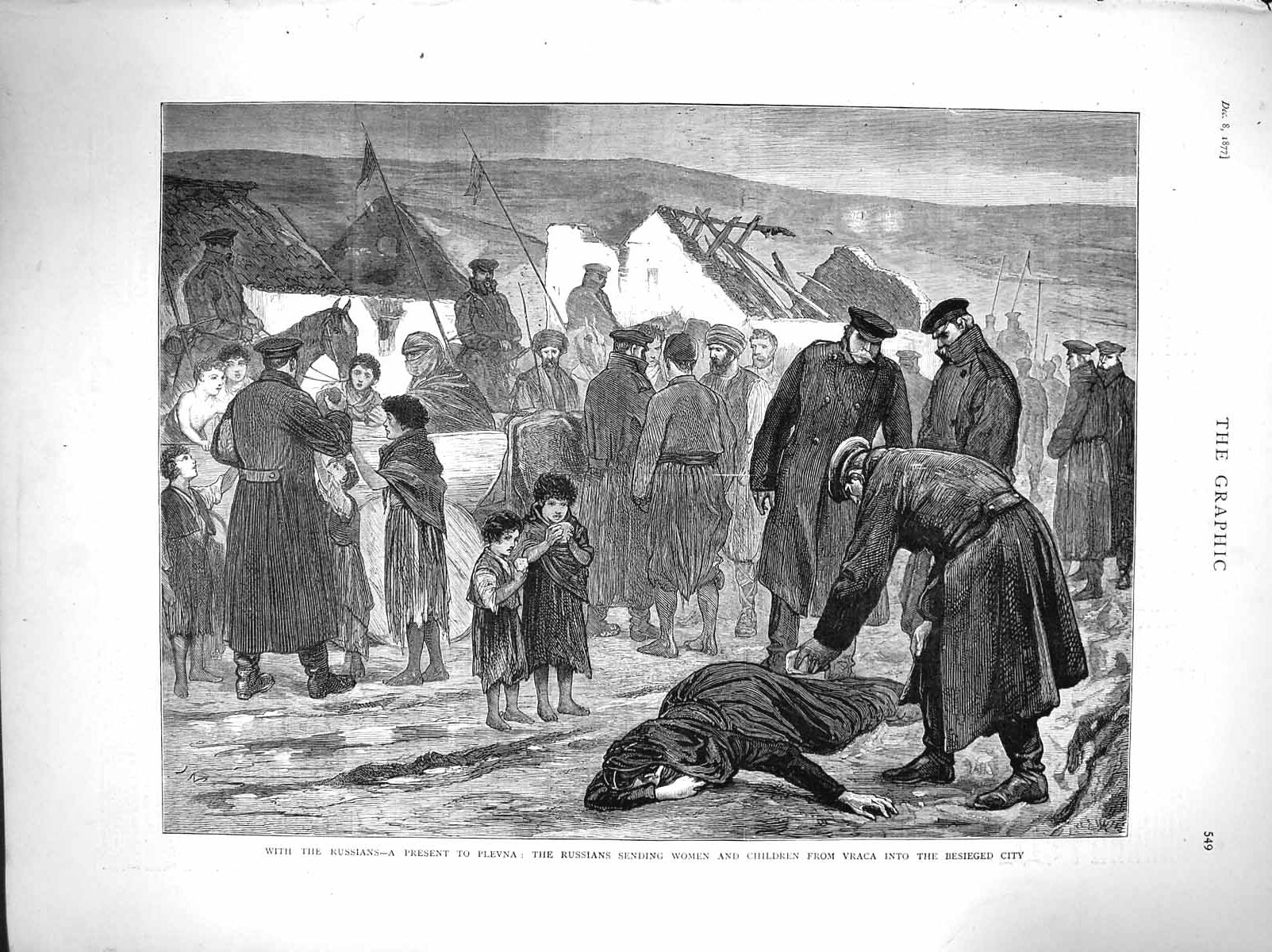Original Old Antique Print 1877 Russian Siers Plevna Women Children Vraca War