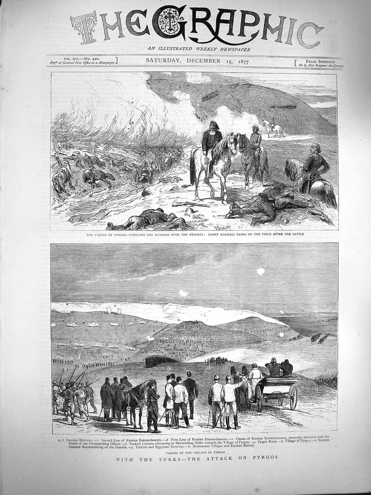 Original Old Antique Print 1877 Turks Attack Pyrgos Ahmet Kaiserli Pasha War