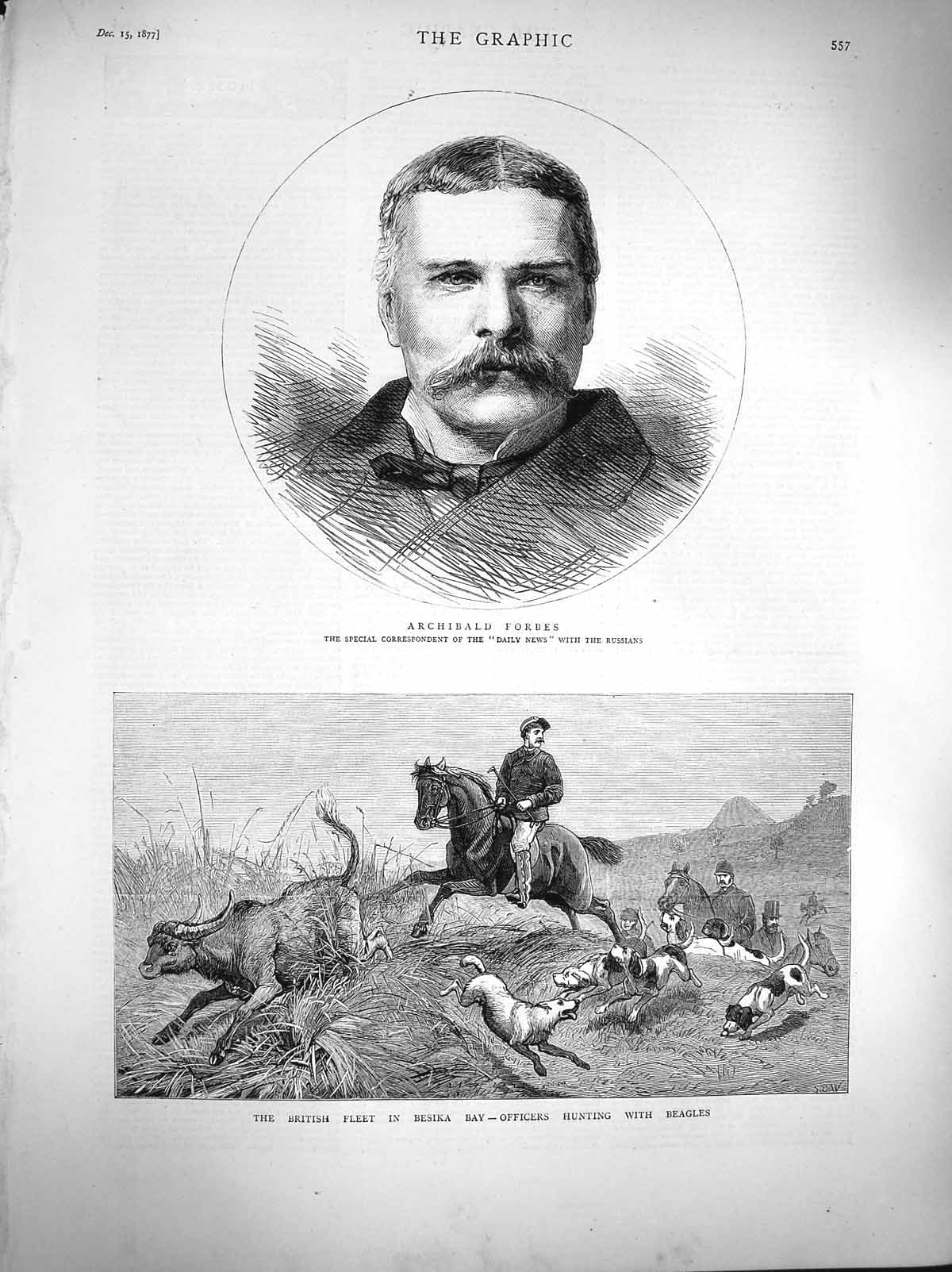 Old Antique Print 1877 Archibald Forbes British Officers Besika Hunting 19th