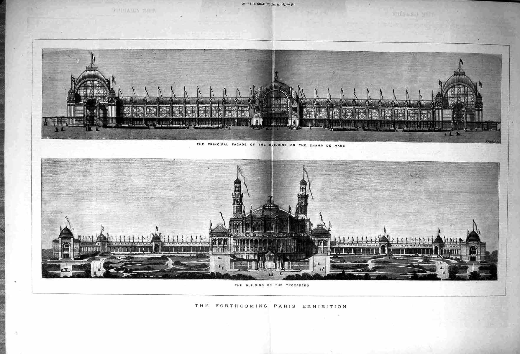 Antique Old Print 1877 Paris Exhibition Building Champs Mars Architecture 19th