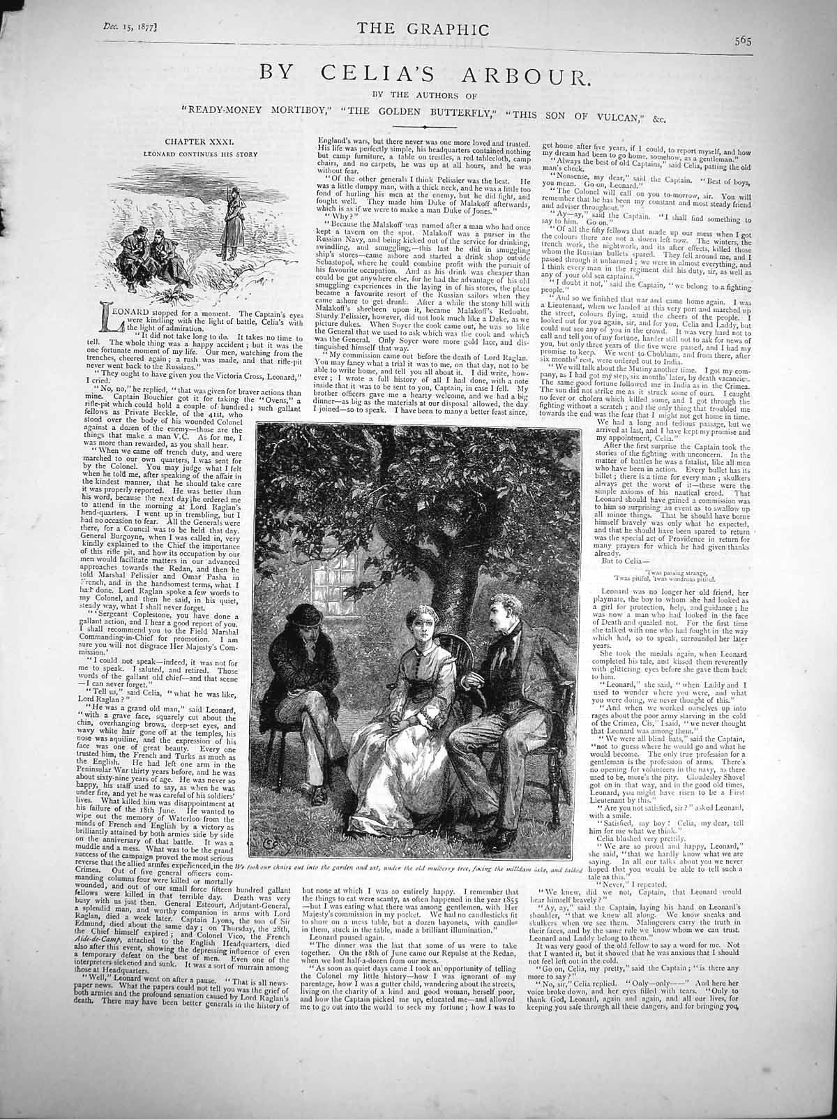 Old Antique Print 1877 Illustration Celia'S Arbour Mulberry Tree Men Lady 19th