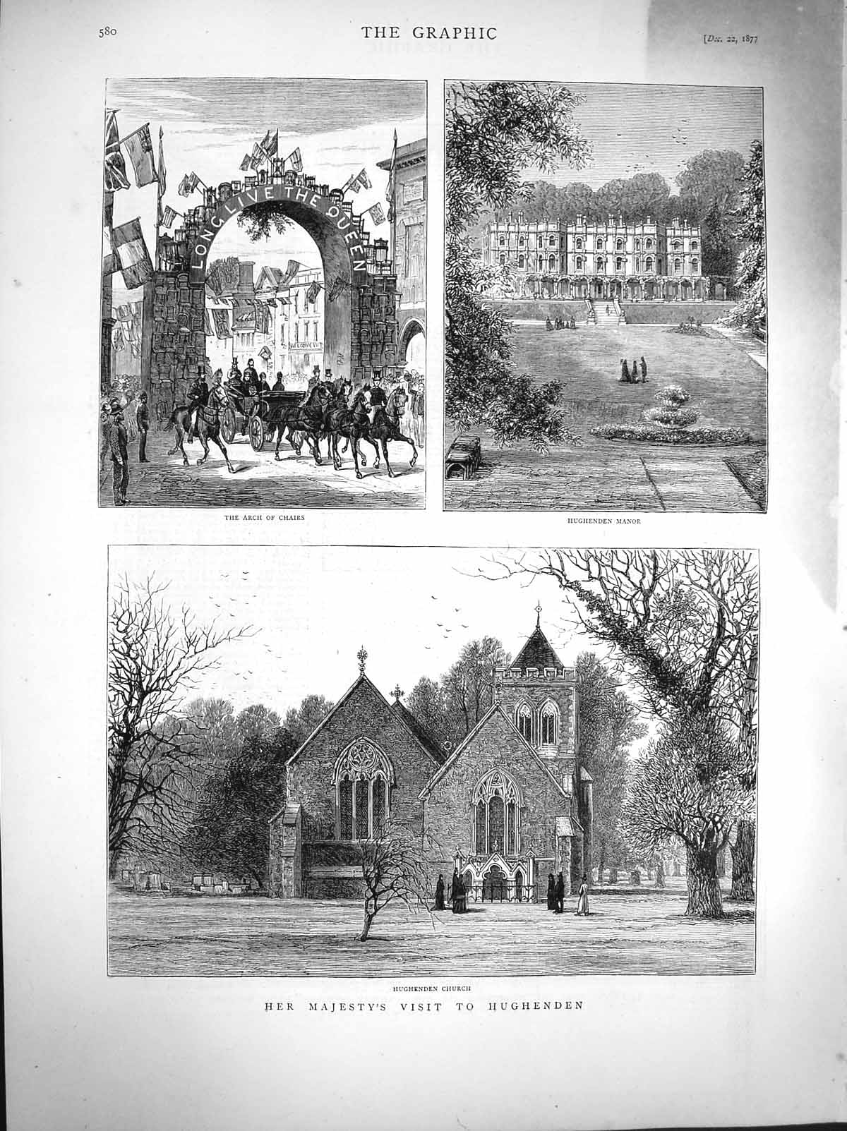 Original Old Antique Print 1877 Hughenden Church Arch Chairs Manor Architecture