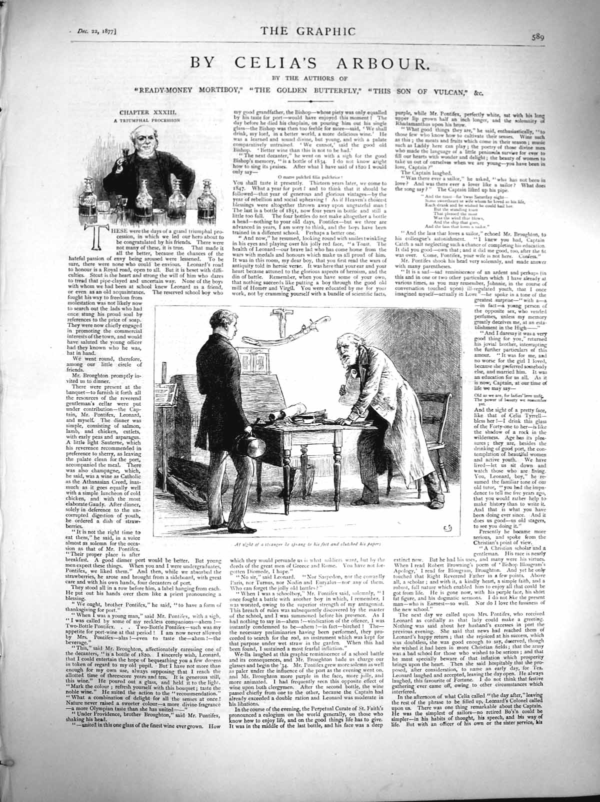 Old Antique Print 1877 Illustration Celia'S Arbour Story Men Table Chair 19th
