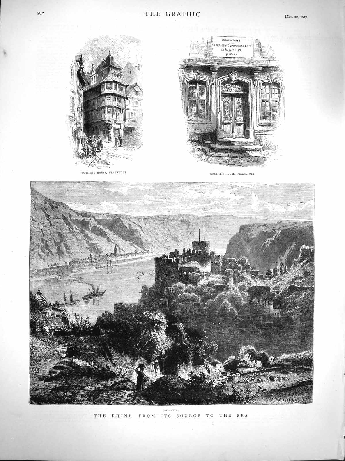 Original Old Antique Print 1877 Rhine Rheinfels Luther House Frankfort Goethe