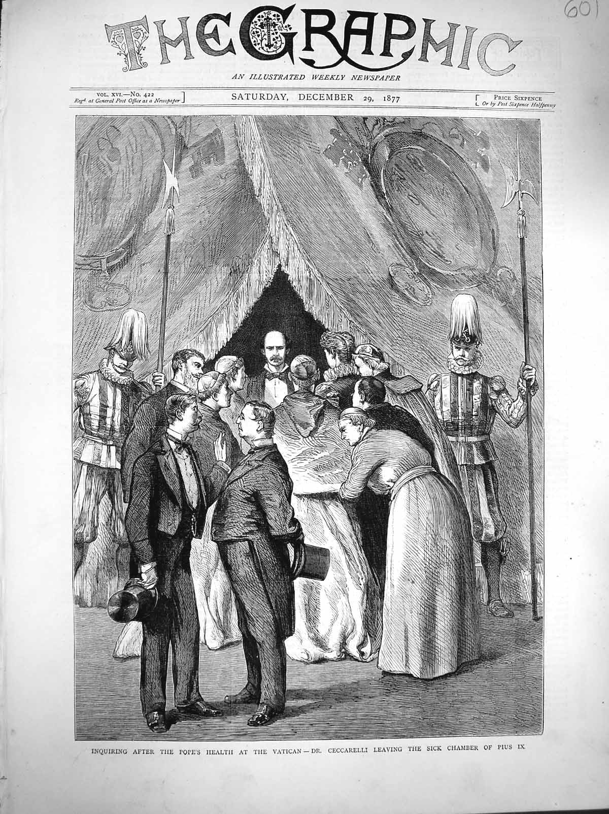 Original Old Antique Print 1877 Pope Vatican Dr. Ceccarelli Sick Chamber Pius