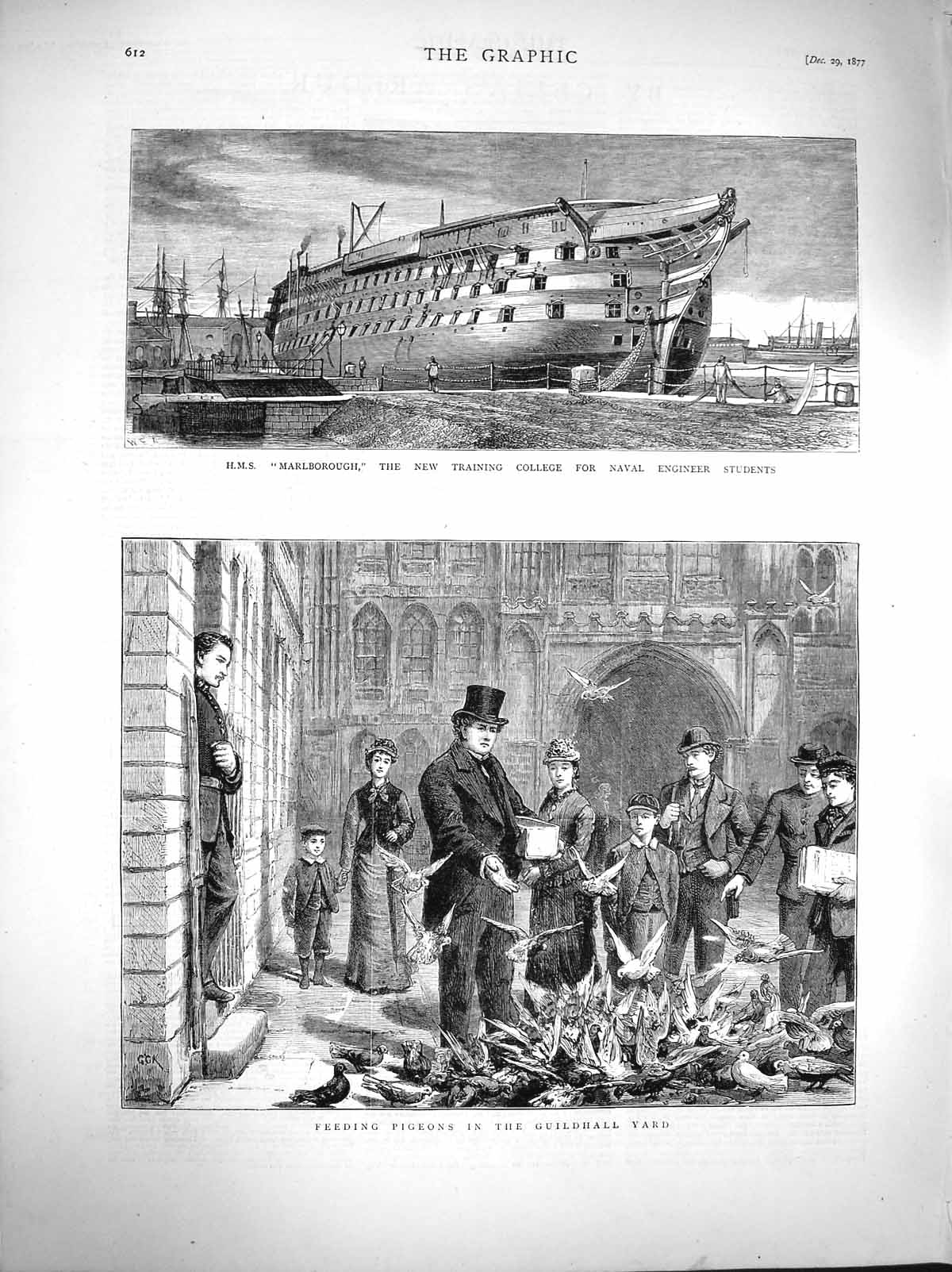 Old Antique Print 1877 Ship Marlborough Training College Navy Guildhall 19th