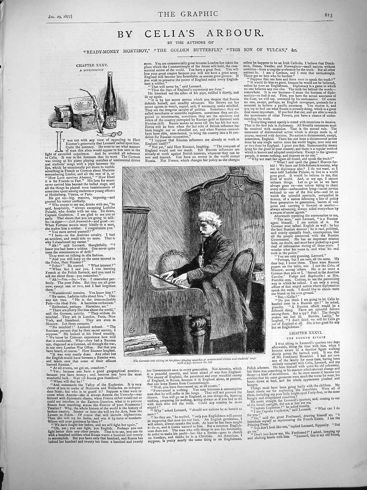 Original Old Antique Print 1877 German Man Piano Music Smoking Pipe Victorian