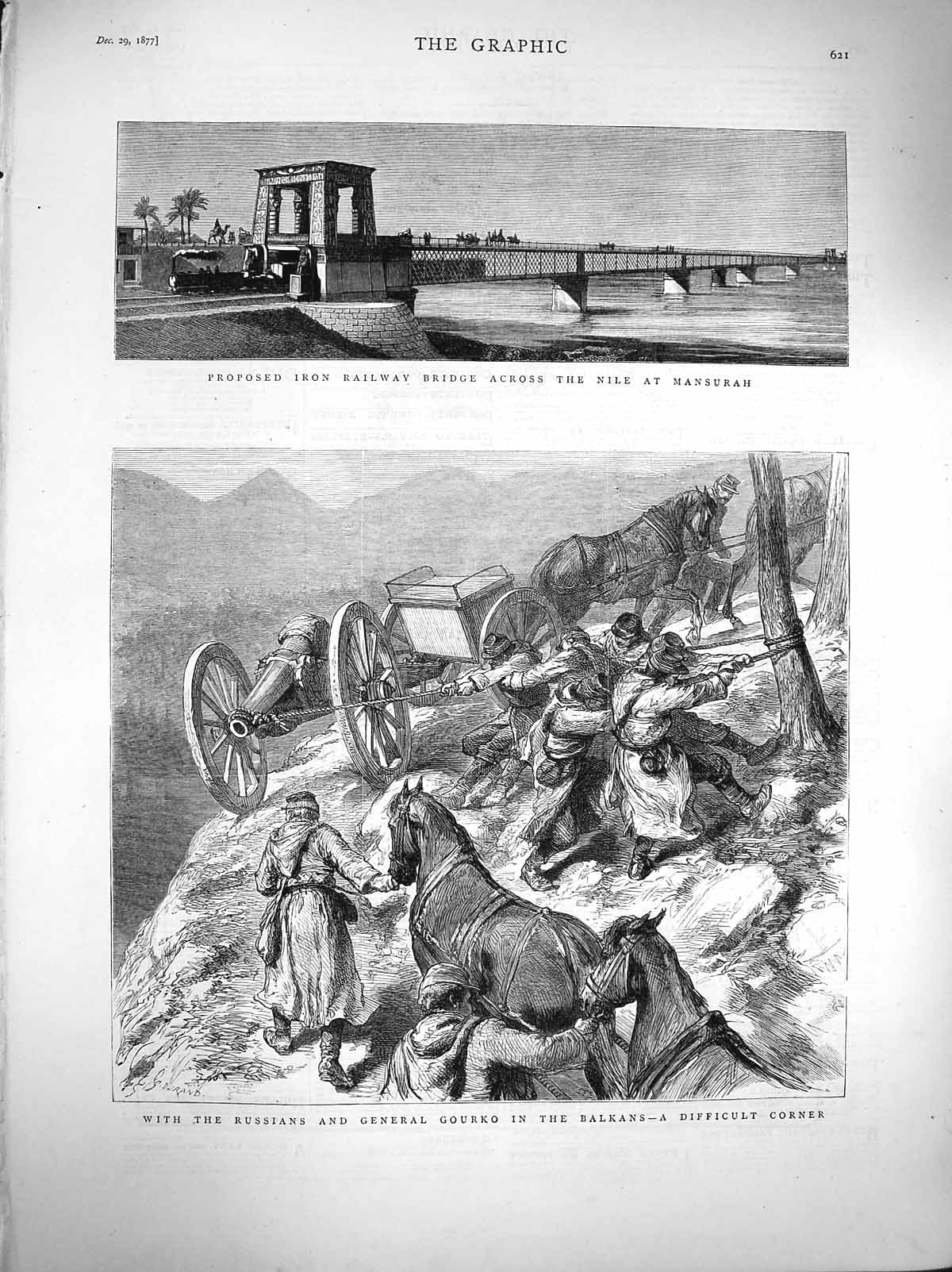 Original Old Antique Print 1877 Iron Railway Nile Mansurah Russian Gourko Siers