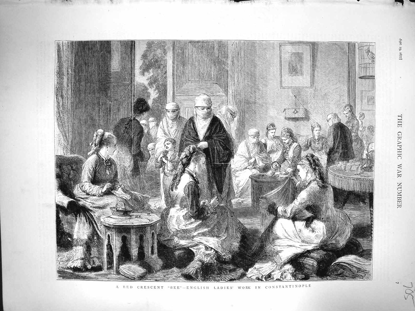 Original Old Antique Print 1877 English Ladies Working Sewing Constantinople