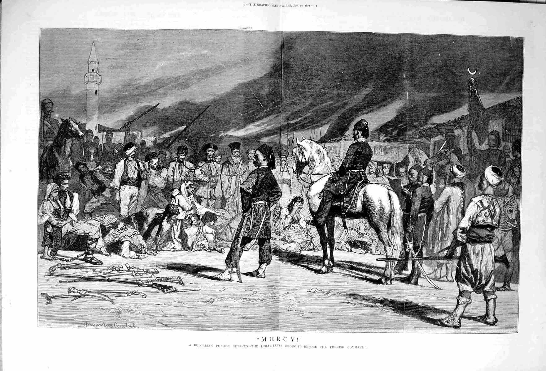 Original Old Antique Print 1877 Bulgarian Village Turkish Commander Siers War
