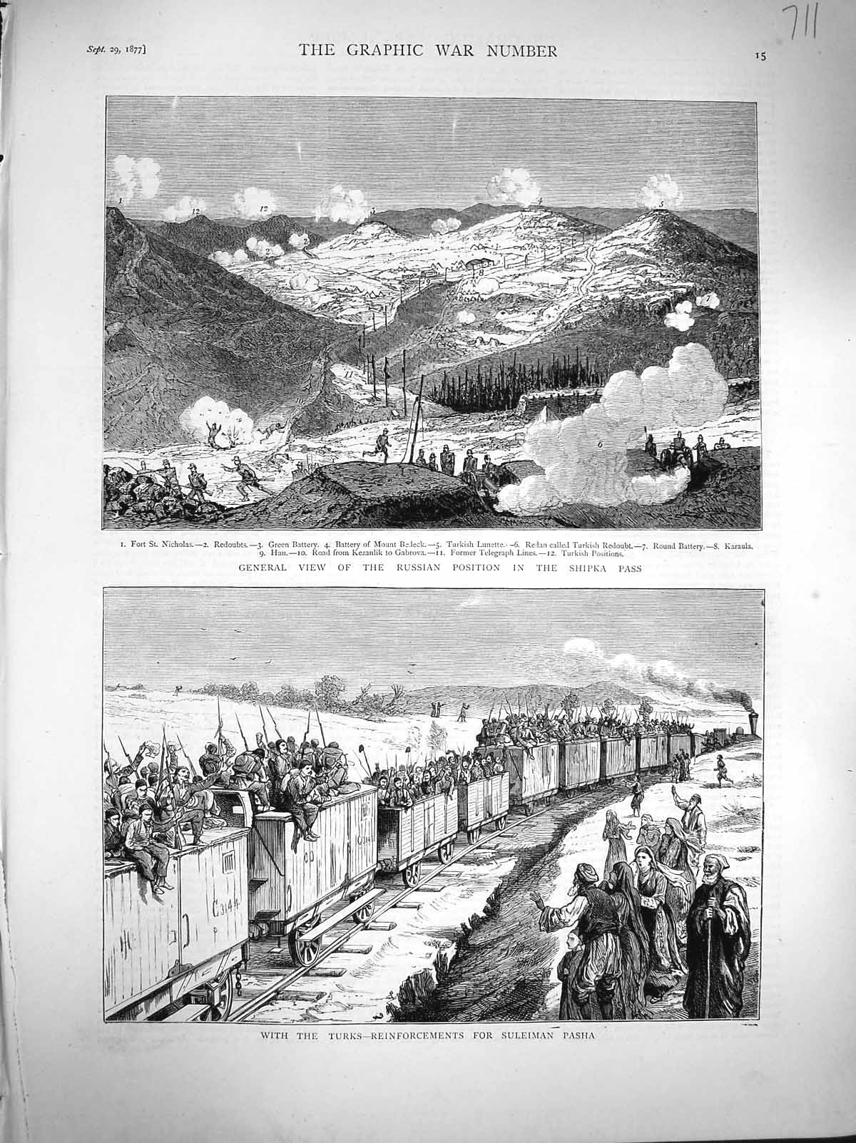 Original Old Antique Print 1877 Russia Siers War Shipka Pass Turks Suleiman
