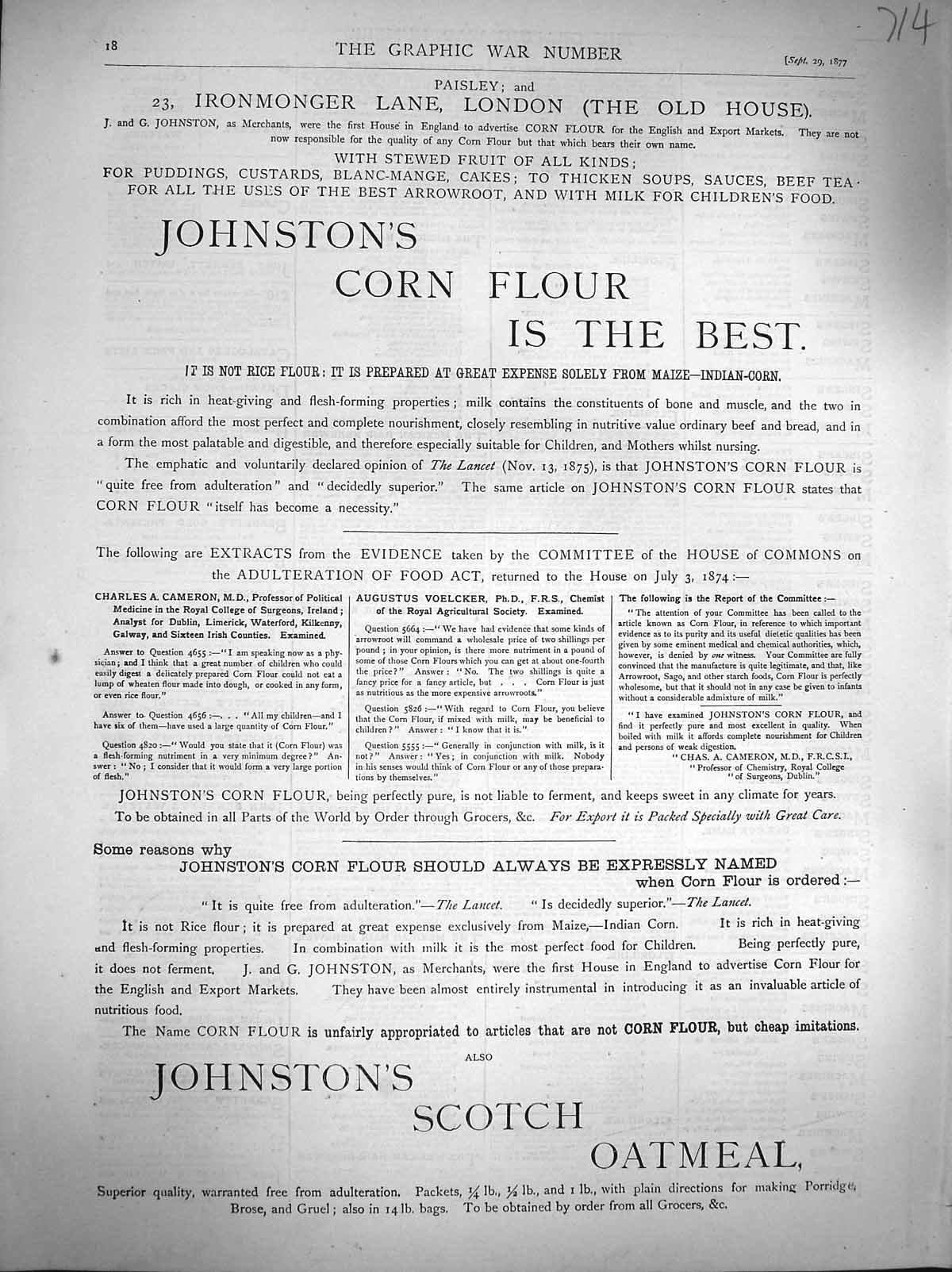 Old Antique Print 1877 Advertisement Johnston'S Scotch Oatmeal Corn Flour 19th