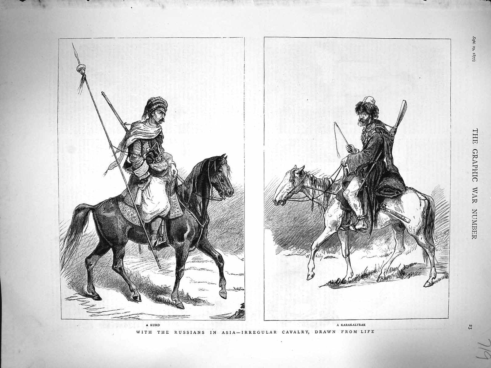 Original Old Antique Print 1877 Russian Asia Kurd Karakalyrak Cavalry Siers