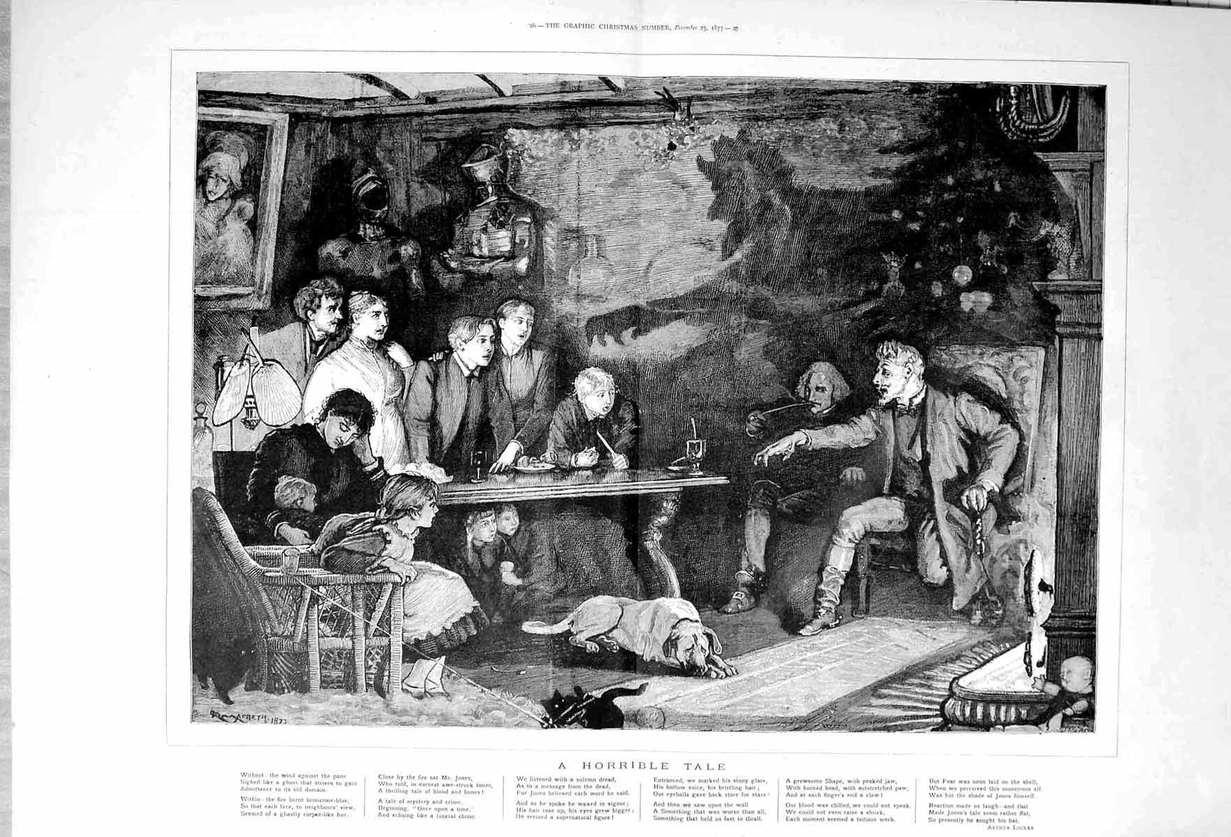 Original Old Antique Print 1877 Locker Poem Family Home Horror Story Fine Art
