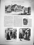 Original Old Antique Print 1877 Barley Mow Church Farm Chickens 19th