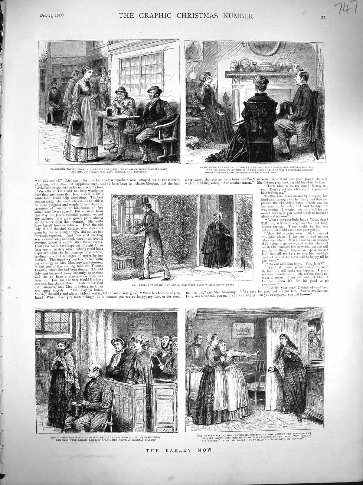 Original Old Antique Print 1877 Barley Mow Church House Peters Family Victorian