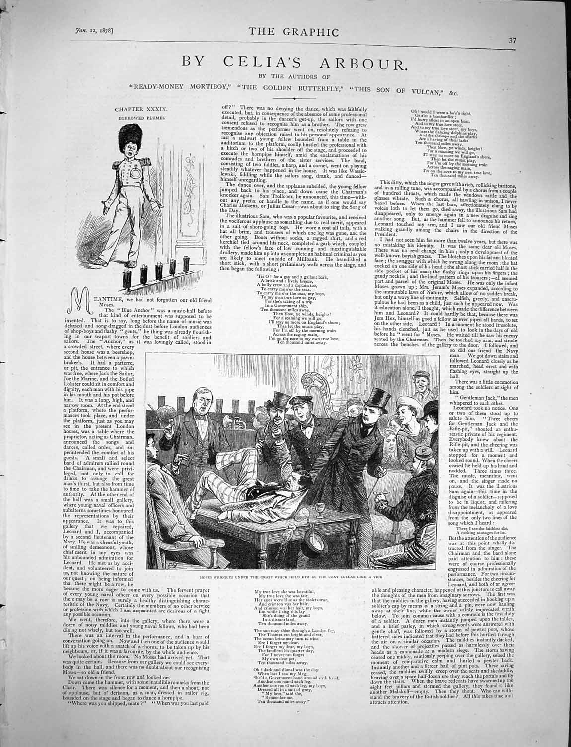 Original Old Antique Print 1878 Celia'S Arbour Illustration Story Moses Men