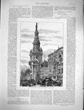Original Old Antique Print 1878 Raising Dragon Vane Steeple Bow Church Building