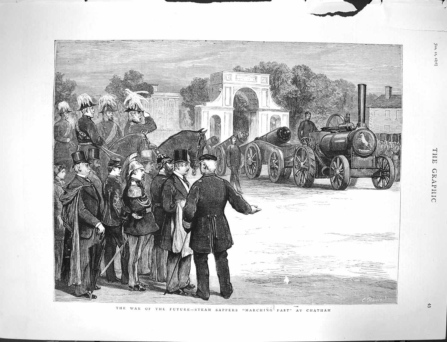 Original Old Antique Print 1878 War Steam Sappers Marching Chatham Weapons 19th