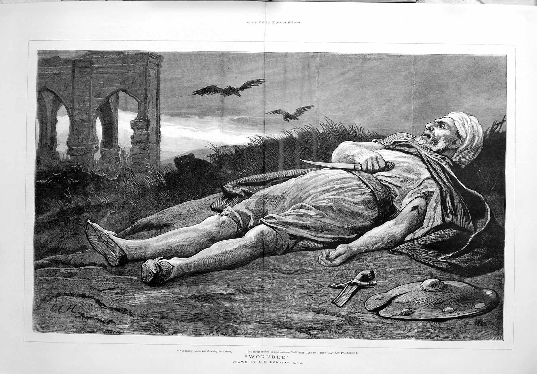 Original Old Antique Print 1878 Hodgson Fine Art Man Sword Vultures 0 Victorian