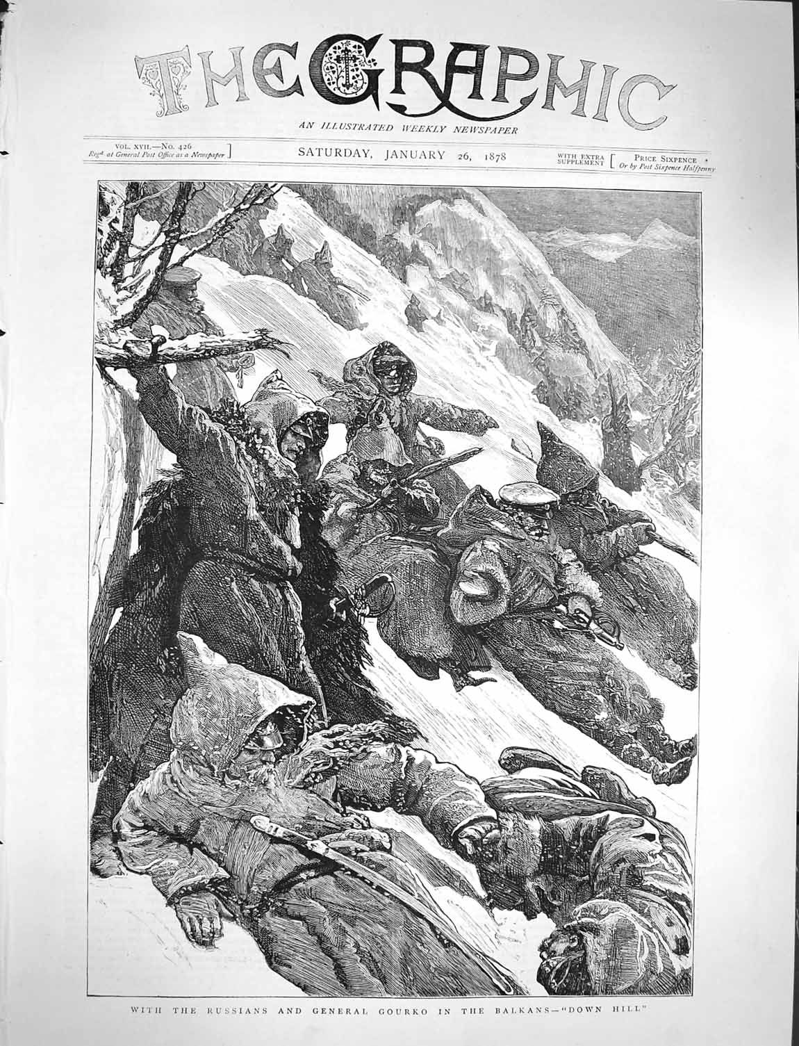 Original Old Antique Print 1878 Russian Siers General Gourko Balkans War Snow
