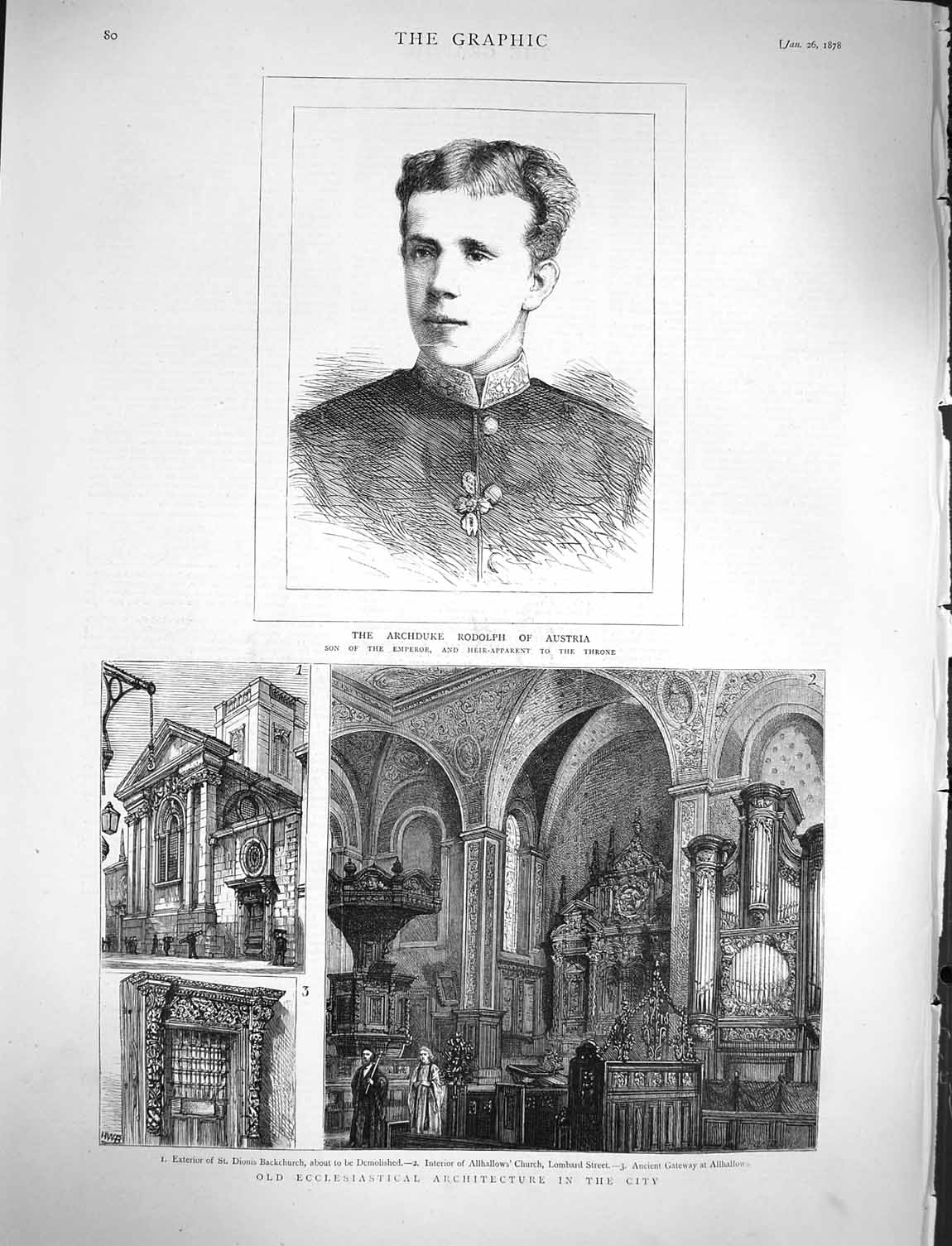 Old Antique Print 1878 Archduke Rodolph Austria Architecture Allhallows 19th
