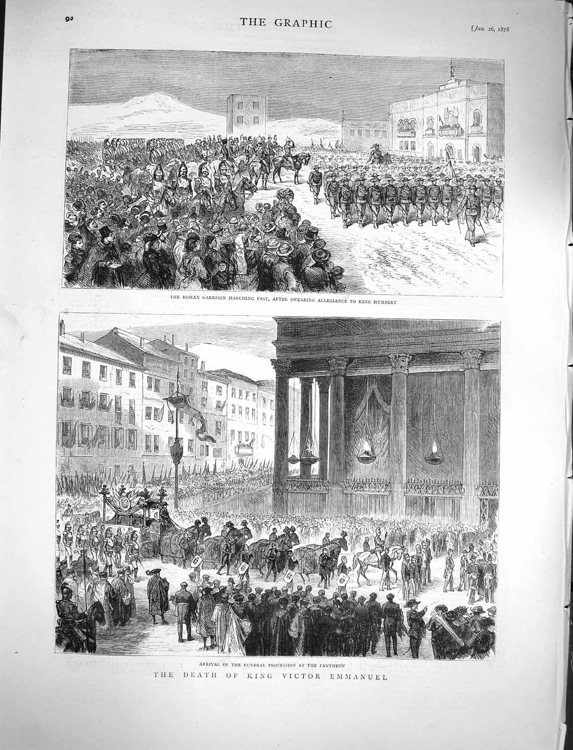 Original Old Antique Print 1878 Death King Victor Emmanuel Pantheon Humbert