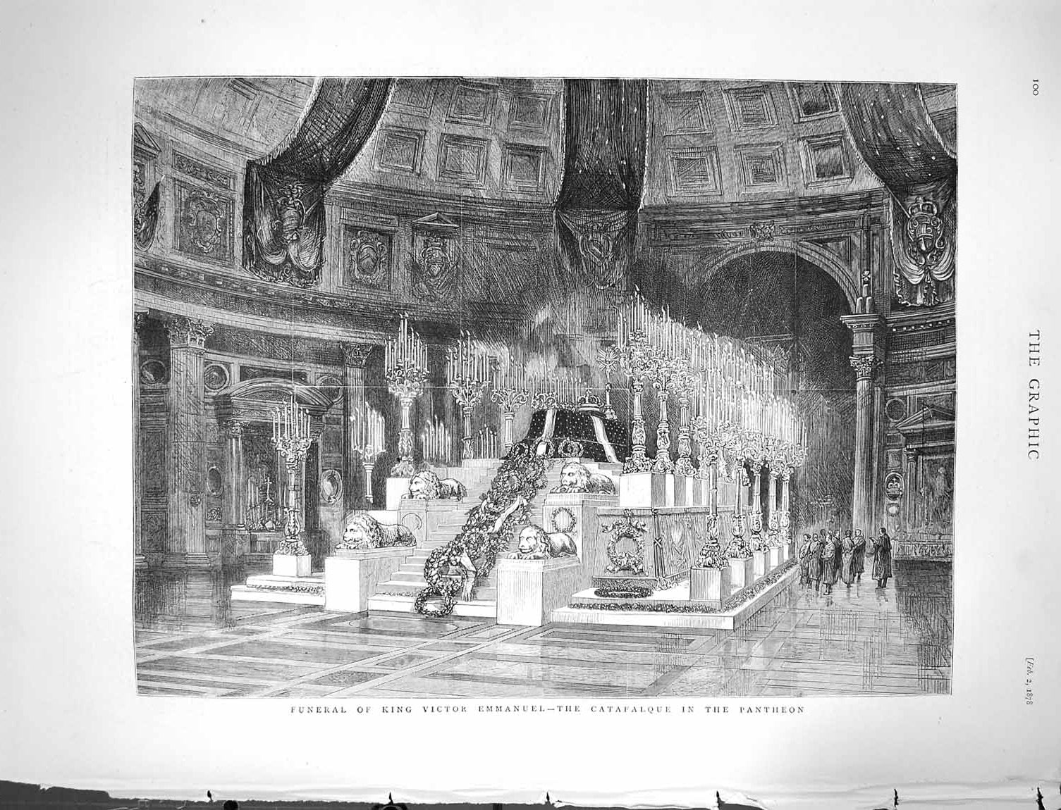 Old Antique Print 1878 Funeral King Victor Emmanuel Catafalque Pantheon 19th