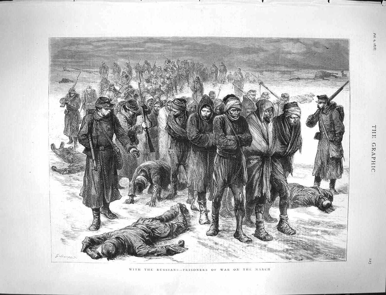 Original Old Antique Print 1878 Russian Prisoners War Marching Siers War 19th