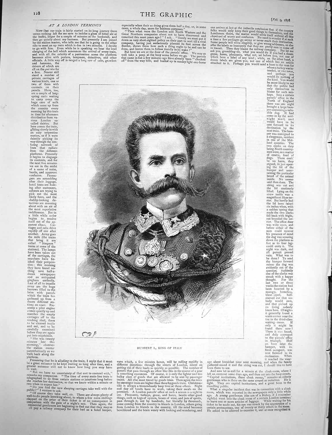 Original Old Antique Print 1878 Portrait Humbert King Italy Man Uniform 19th