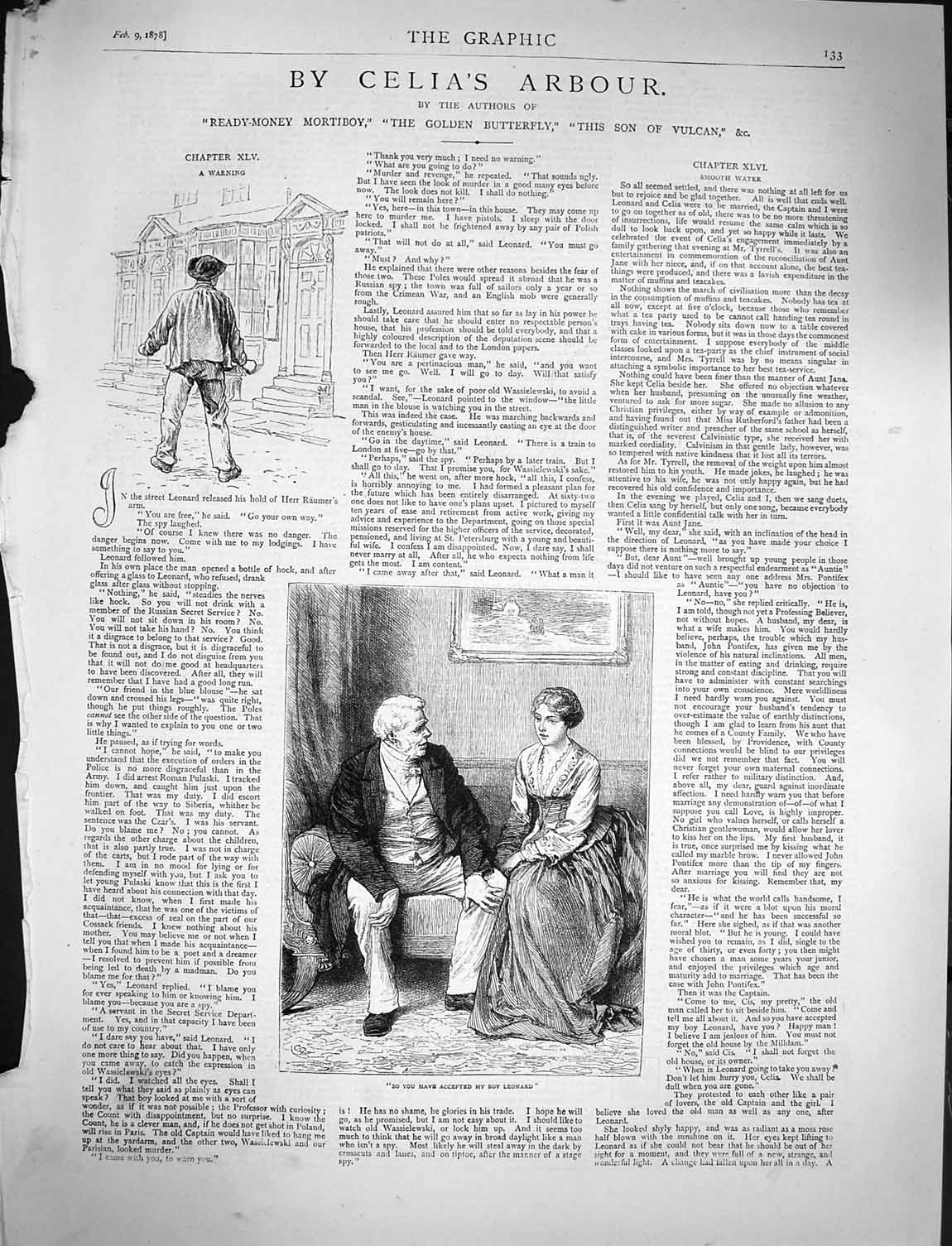 Original Old Antique Print 1878 Celia'S Arbour Illustration Story Man Woman