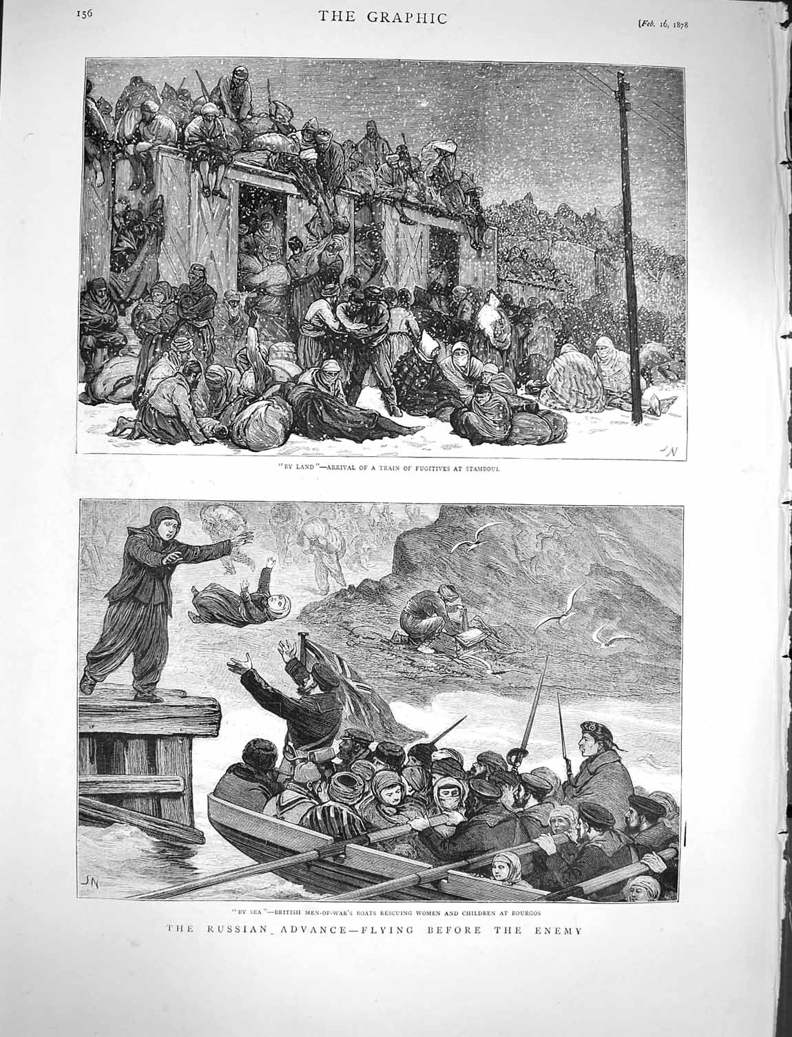 Original Old Antique Print 1878 Russian Siers Train Stamboul Bourgos Boats War